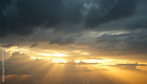 Rainy sky with layered storm clouds and fading sunlight photo