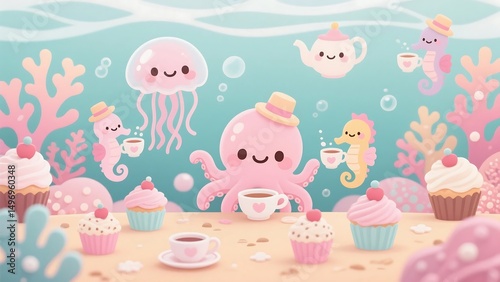 Cute wallpaper featuring underwater animals like jellyfish, octopus, and seahorse enjoying tea with cupcakes, suitable for kids' screens or decor in soft pastel ocean themes.