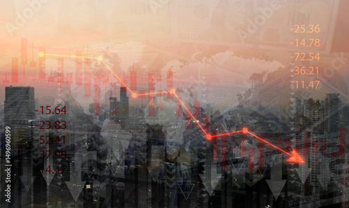 Recession and crisis concept: A red downward arrow over a city at dusk symbolizes the decline of the global economy, business, markets, stock market, or overall wealth
