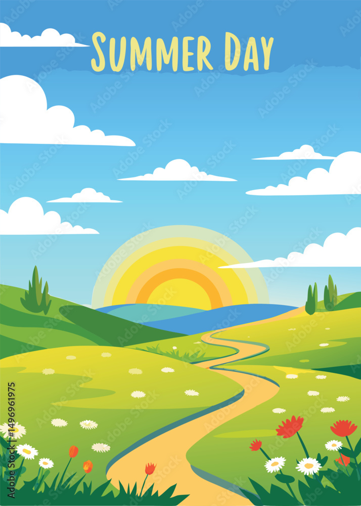 Fototapeta premium summer landscape with rainbow abstract Colorful style banner and flyer graphic poster art 