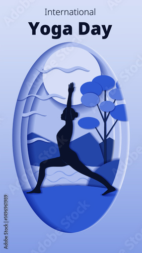 International Yoga Day. Vertical template. Virabhadrasana pose. Warrior pose. Paper cut design. Isolated vector illustration
