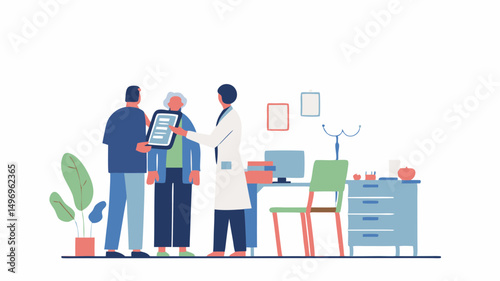 Doctor sharing medical results with patient and relative in clinic consultation room flat design
