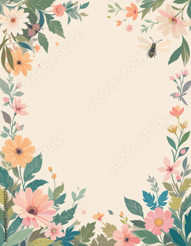 Wallpaper Mural Elegant Floral Border with Colorful Blooms and Insects on a Soft Beige Background for Invitations or Stationery Torontodigital.ca