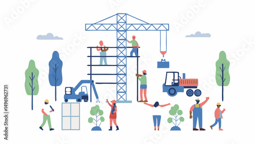 Building a brighter future Construction workers collaborate with equipment on a modern site in