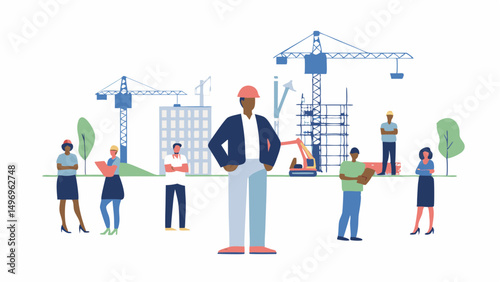 A diverse team of construction workers collaborating to build a city skyline set against a clean