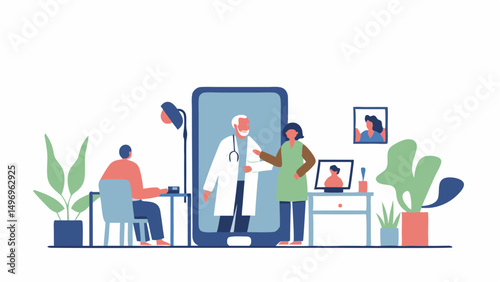 Virtual doctor consultation on smartphone provides health advice for expectant couple on white