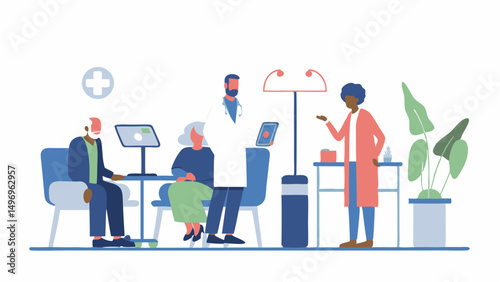Caring doctor consulting diverse patients in a modern clinic environment flat illustration style and