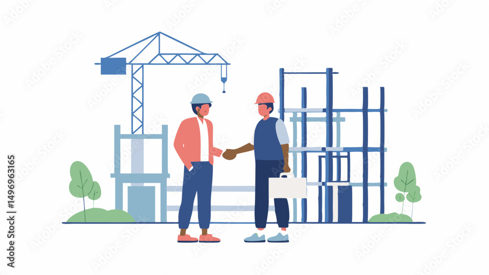 Construction collaboration handshake Two engineers building trust at the site with line art style Construction collaboration handshake Two engineers building trust at the site with line art style