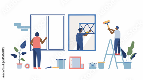 Home Improvement team renovates windows painting with precision and adding fresh designs in bright