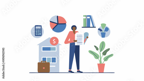 Financial advisor crafting a strategy building prosperity with a house charts and warm color palette