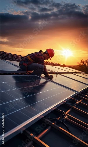 A technician installing solar panels at sunset for renewable energy solutions.