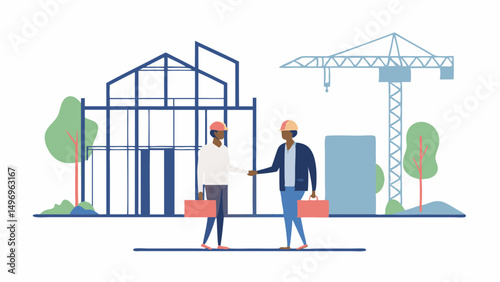 Two construction workers shake hands in front of a building project symbolizing unity and vector