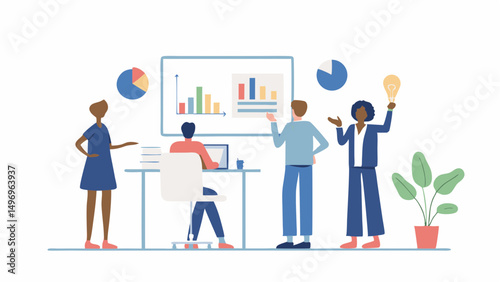 Collaborative team strategizing with charts at a modern startup brainstorming ideas clean vector