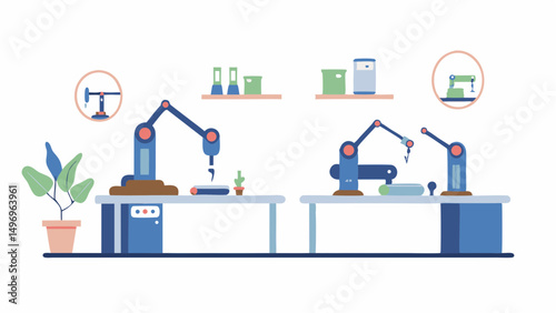 Automated factory assembly line with robotic arms precisely manufacturing goods in a bright modern