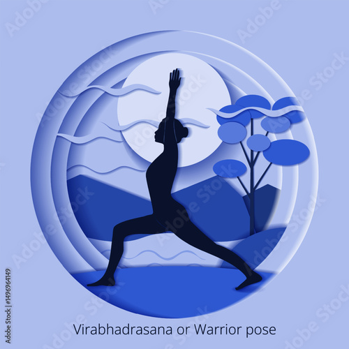 International Yoga Day. Virabhadrasana pose. Warrior pose. Paper cut design. Isolated vector illustration.