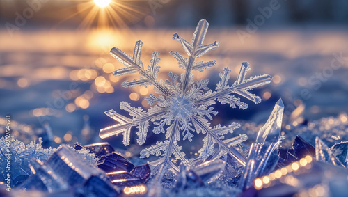 A perfect snowflake glitters in the sun, showcasing winter's natural crystalline beauty.