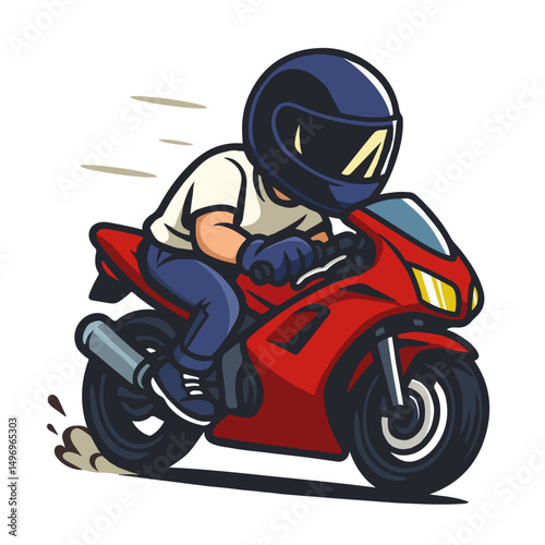 The driver of a motorcycle clad in a leather t shirt and riding. Lover Biker Touring. Red sport cartoon
