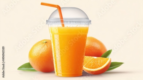 Plastic cup of fresh orange juice with lid and straw. Tasty and healthy drink. Sweet beverage.