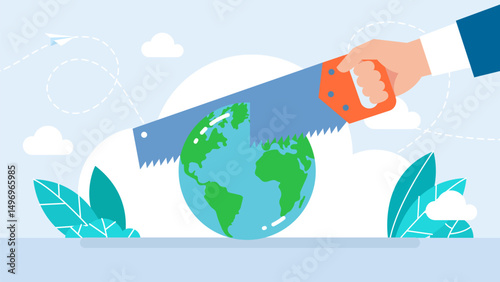 A man saws the planet Earth. World economic crisis from war, geopolitical problem or threats, climate change or warming destroying world concept, sawing globe, danger and threats. Vector illustration