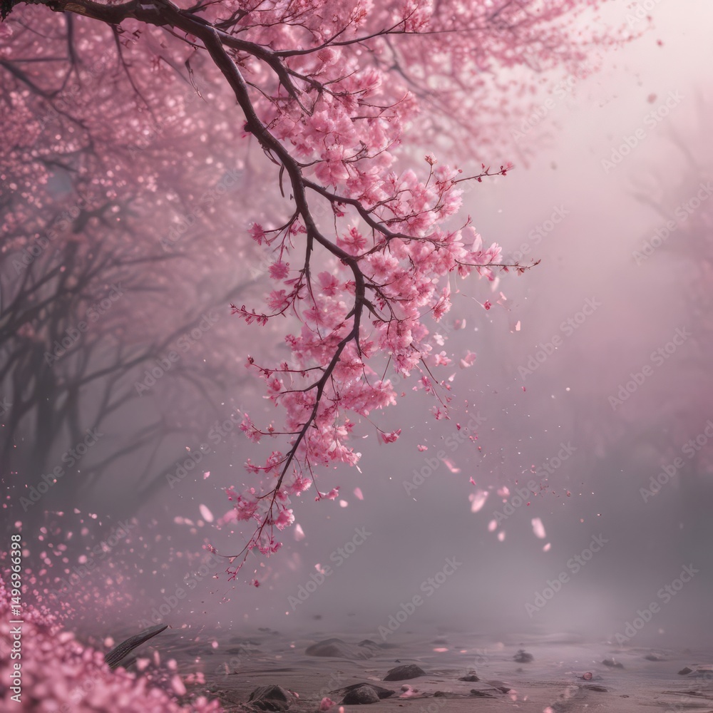 Fototapeta premium Mesmerizing swirl of pink sakura petals descending in a hazy, ethereal setting , serene, delicate, petals