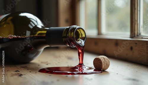 Bottle uncorked on table spilling red wine in a rustic setting   photo