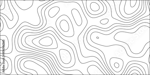 Minimalist, topographic contour line pattern in black and white. Smooth, organic, flowing lines elevation or terrain maps. Contour lines are thin, evenly spaced, and monochromatic. Data visualization 