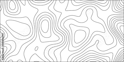 Minimalist, topographic contour line pattern in black and white. Smooth, organic, flowing lines elevation or terrain maps. Contour lines are thin, evenly spaced, and monochromatic. Data visualization 