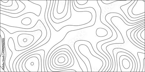 Minimalist, topographic contour line pattern in black and white. Smooth, organic, flowing lines elevation or terrain maps. Contour lines are thin, evenly spaced, and monochromatic. Data visualization 