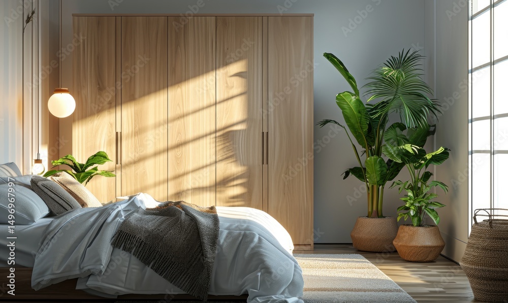Serene bedroom with light wooden wardrobe, lush potted plants, and a light blue bed with a neutral toned blanket.