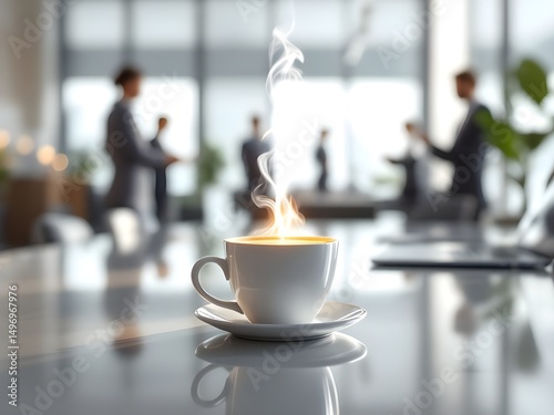 White coffee cup with laptop computer on office table for business concept, in clean office.