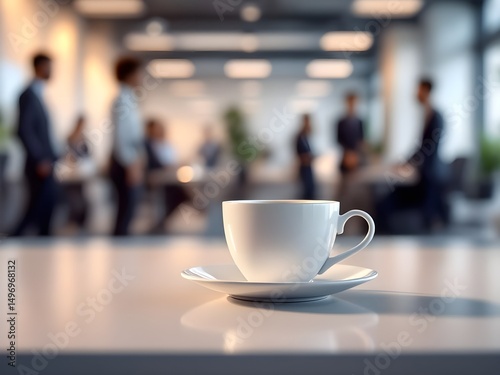 White coffee cup with laptop computer on office table for business concept, in clean office.