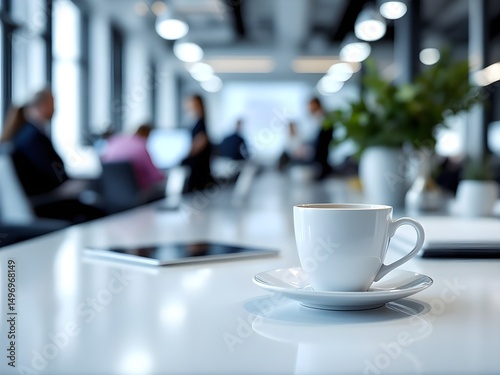 White coffee cup with laptop computer on office table for business concept, in clean office.