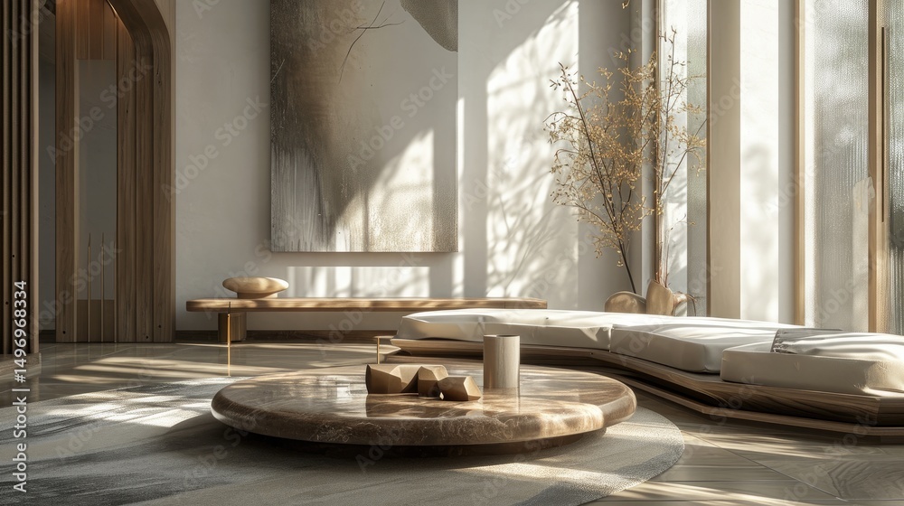 Cozy living room with a curved sofa, wooden elements, a round marble coffee table, and a large abstract painting.