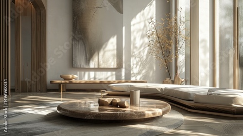 Obraz na płótnie Cozy living room with a curved sofa, wooden elements, a round marble coffee table, and a large abstract painting. w salonie