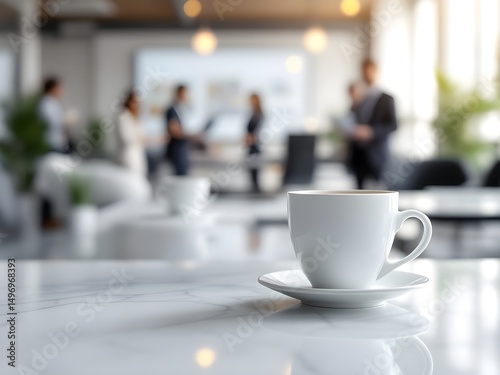 White coffee cup with laptop computer on office table for business concept, in clean office.