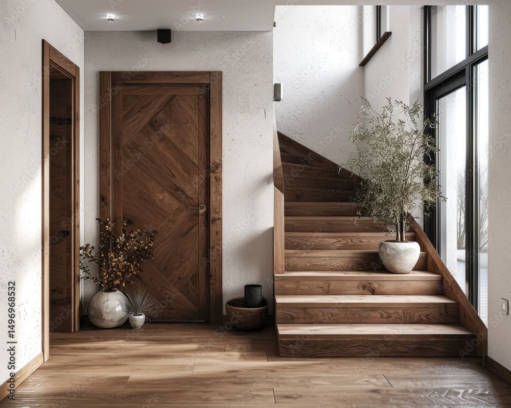 Stylish modern hallway with a wooden staircase, a wood door, and potted plants adding a touch of natural warmth to the interior space.