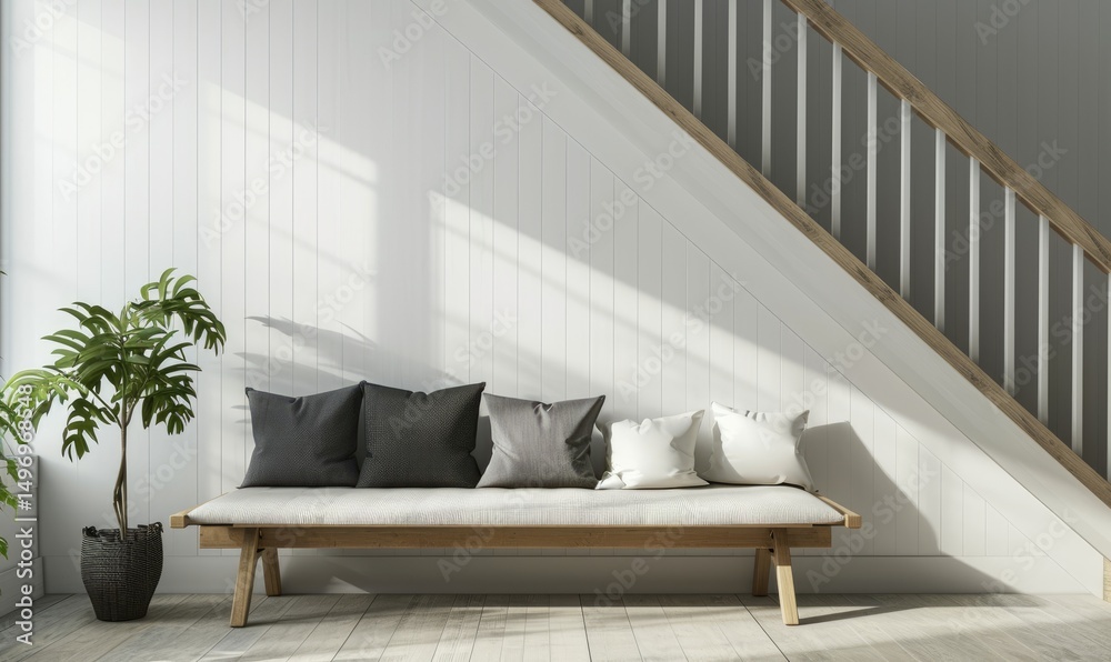 Minimalist interior with a light wood bench with cushions, a plant, and a staircase against a white paneled wall.