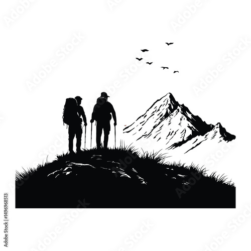 Two backpackers trekking through mountain black silhouette