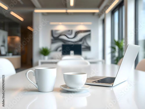 White coffee cup with laptop computer on office table for business concept, in clean office.