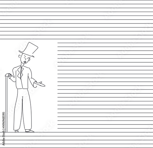 English gentleman in hat with cane and lined notebook sheet