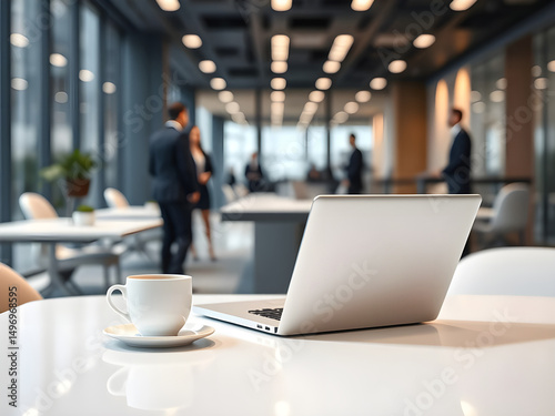 White coffee cup with laptop computer on office table for business concept, in clean office.