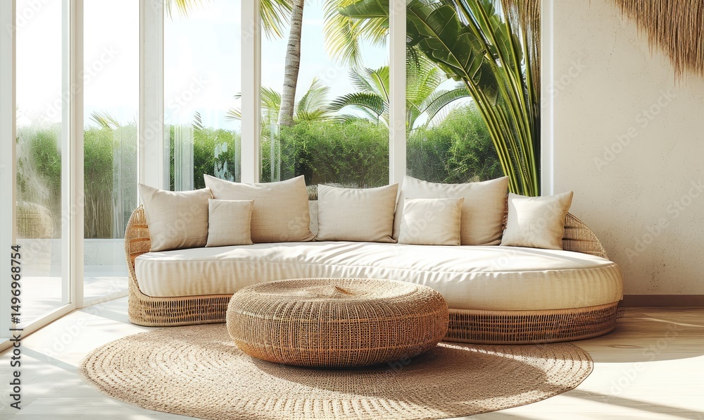 Tropical Wicker Sofa With Pillows And Round Table