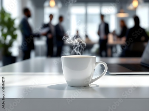 White coffee cup with laptop computer on office table for business concept, in clean office.