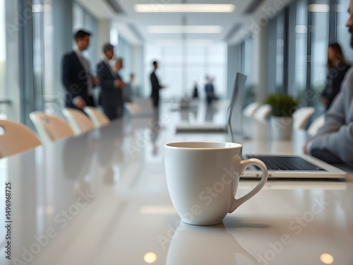 White coffee cup with laptop computer on office table for business concept, in clean office.