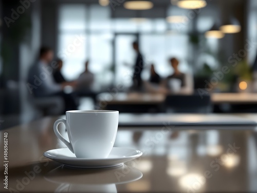 White coffee cup with laptop computer on office table for business concept, in clean office.