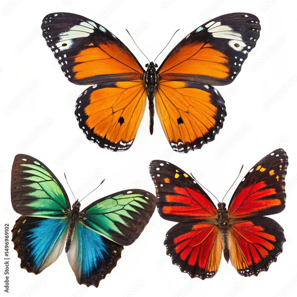 Obraz premium Three vibrant monarch butterflies arranged in perfect symmetry on a pure white background, their wings fully spread to showcase intricate orange-and-black patterns, ultra hd, 1:1 ratio, sharp focus on
