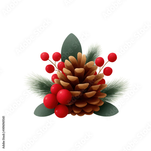 A pine cone surrounded by red berries, green leaves, and pine needles.