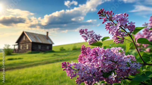 Lilac flowers house landscape sky clouds green field rural spring