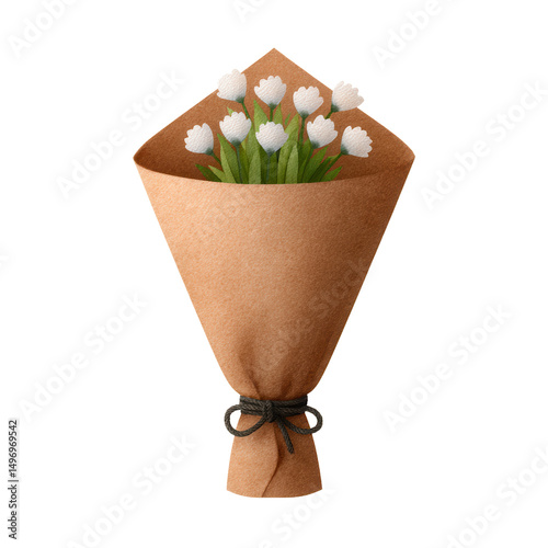 A bouquet of white tulips wrapped in brown paper and tied with a black string.
