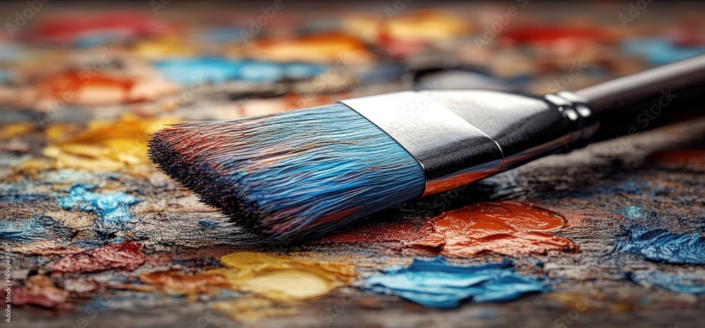 Fototapeta premium Paintbrush on oil paint palette